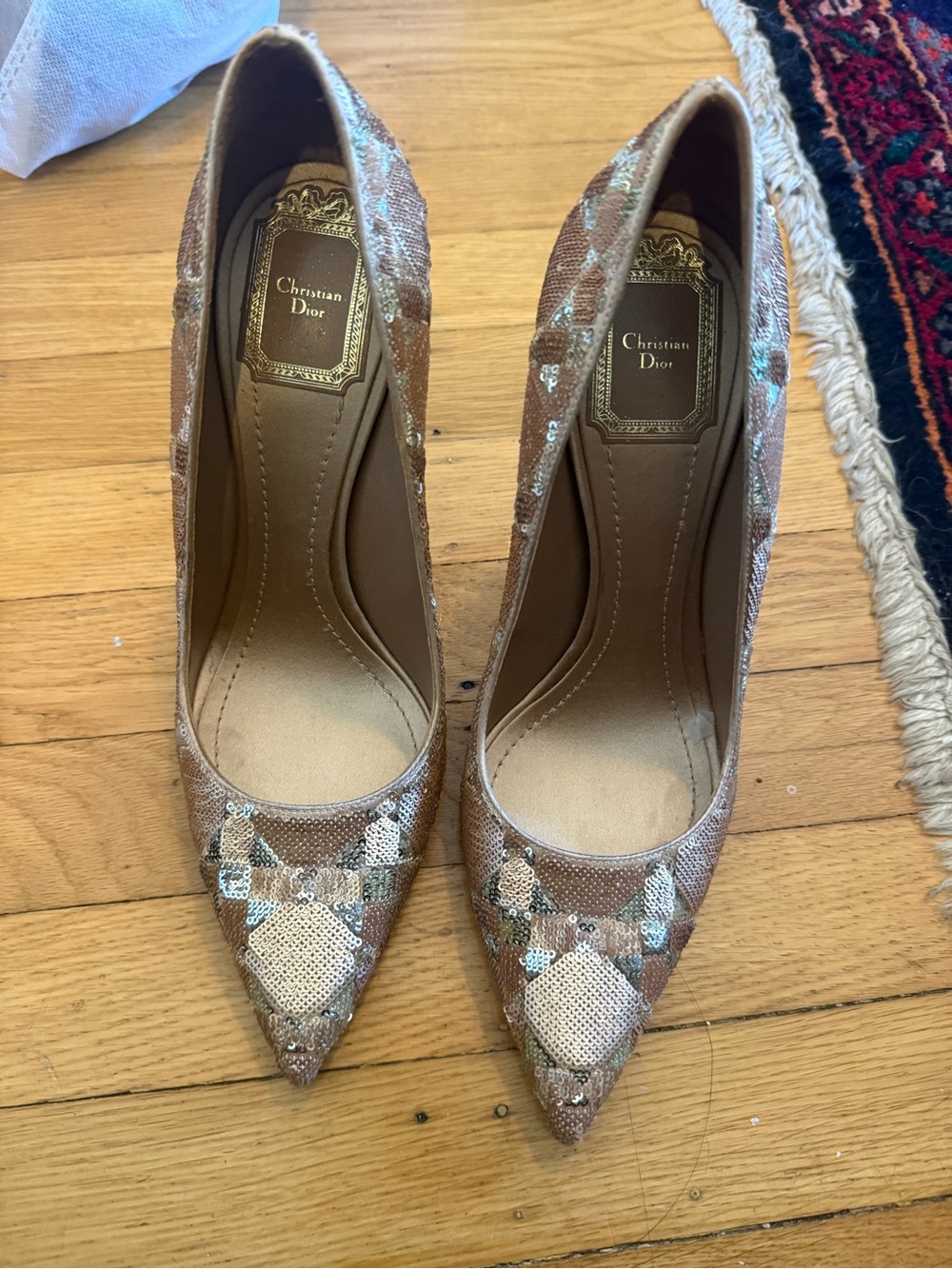 Dior Sequined Beige and Silver Pointed-Toe Pumps